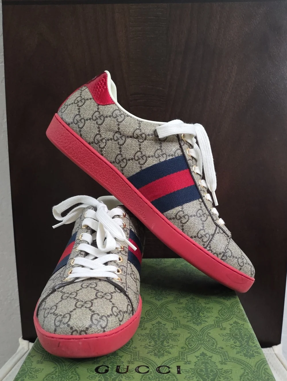 Gucci Beige Monogram Sneakers with Red and Navy Stripe